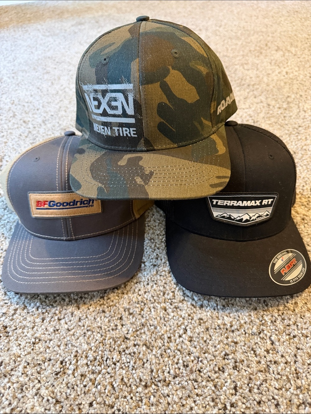 Tire Logo Three-Truckercap Bundle — Brown/Tan, Camo Green, Black, ALL BRAND NEW